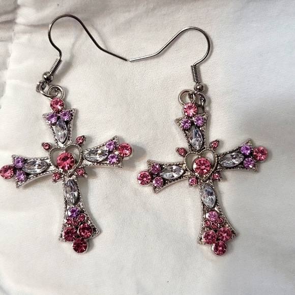 NEW Pink & Clear Rhinestones Cross dangle earrings - Picture 8 of 9